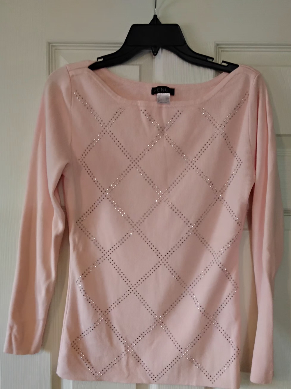 VENUS Long-Sleeve Rhinestone Lattice Boatneck Sweater, Pink, Medium
